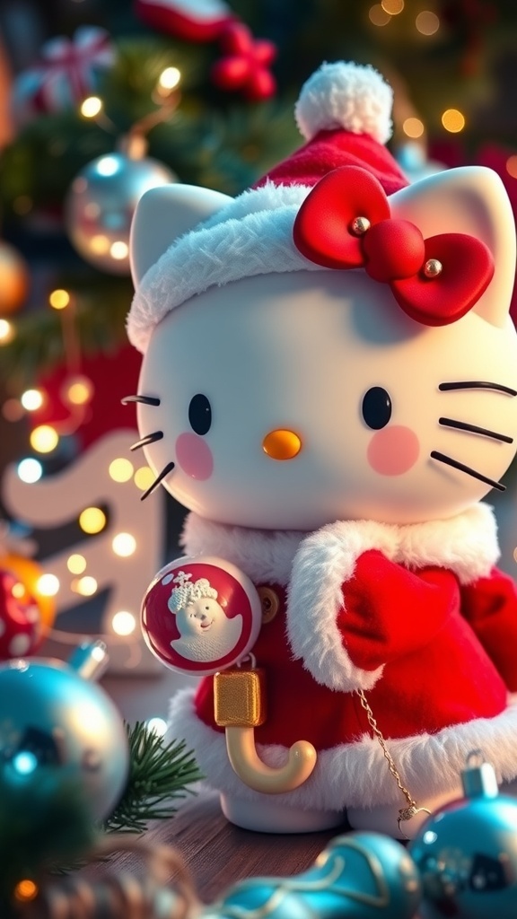 Hello Kitty in a Santa outfit with Christmas decorations.
